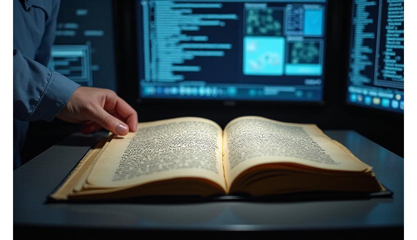 디지털화된 고대 철학 서적을 보여주는 이미지